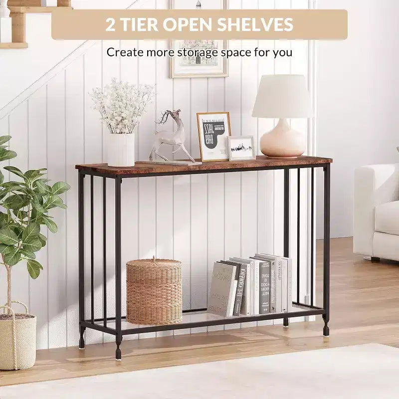 33.5in Wide Console Table, Narrow Entryway Table, Narrow Console Table, Behind Couch Table, End Table with Glass Shelf and Metal Frame