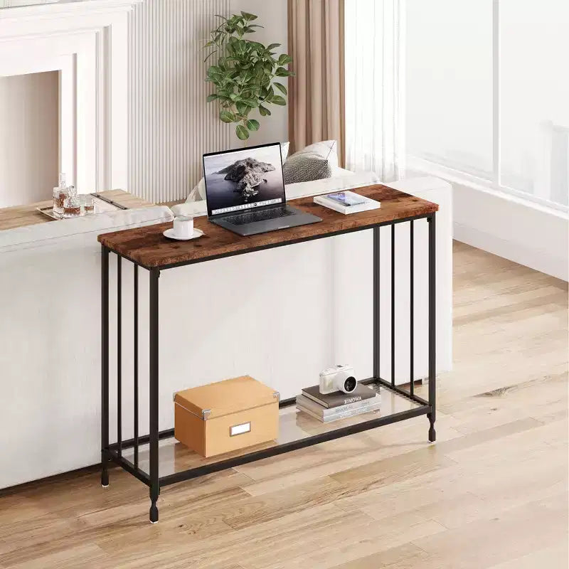 33.5in Wide Console Table, Narrow Entryway Table, Narrow Console Table, Behind Couch Table, End Table with Glass Shelf and Metal Frame