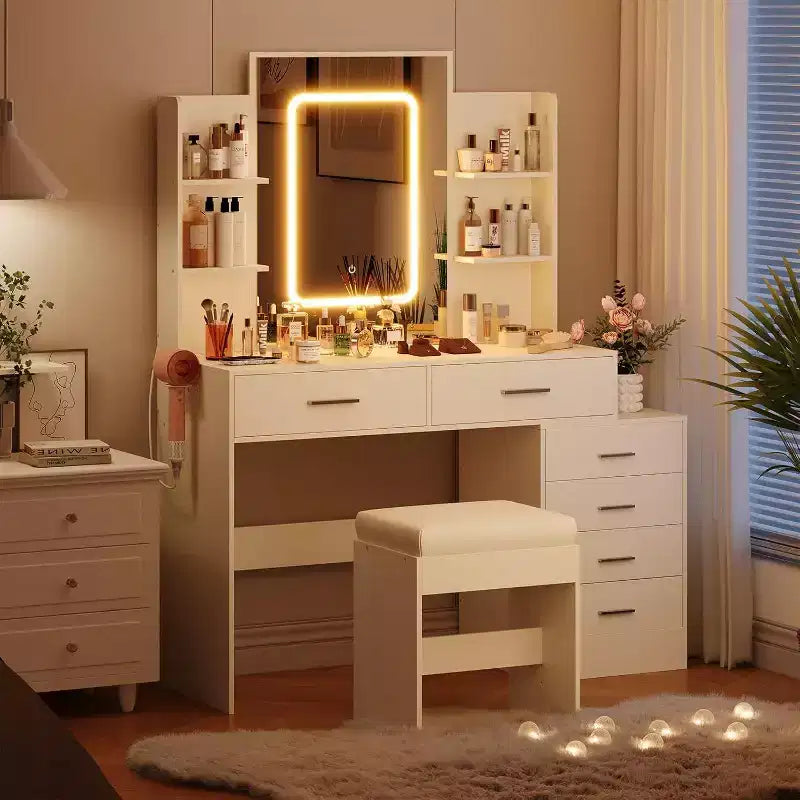Modern Vanity Desk, Makeup Vanity Set with 6 Drawers and Shelves, Vanity with Vanity with Stool for Bedroom