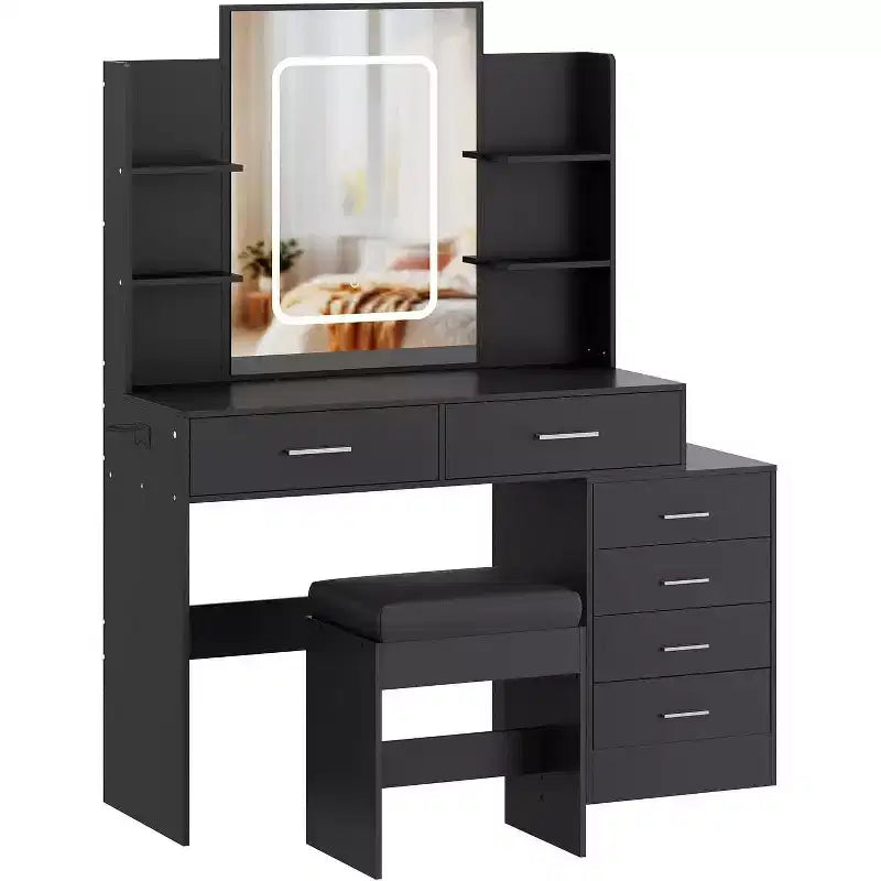 Modern Vanity Desk, Makeup Vanity Set with 6 Drawers and Shelves, Vanity with Vanity with Stool for Bedroom