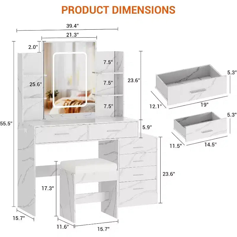 Modern Vanity Desk, Makeup Vanity Set with 6 Drawers and Shelves, Vanity with Vanity with Stool for Bedroom