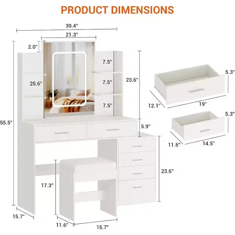 Modern Vanity Desk, Makeup Vanity Set with 6 Drawers and Shelves, Vanity with Vanity with Stool for Bedroom