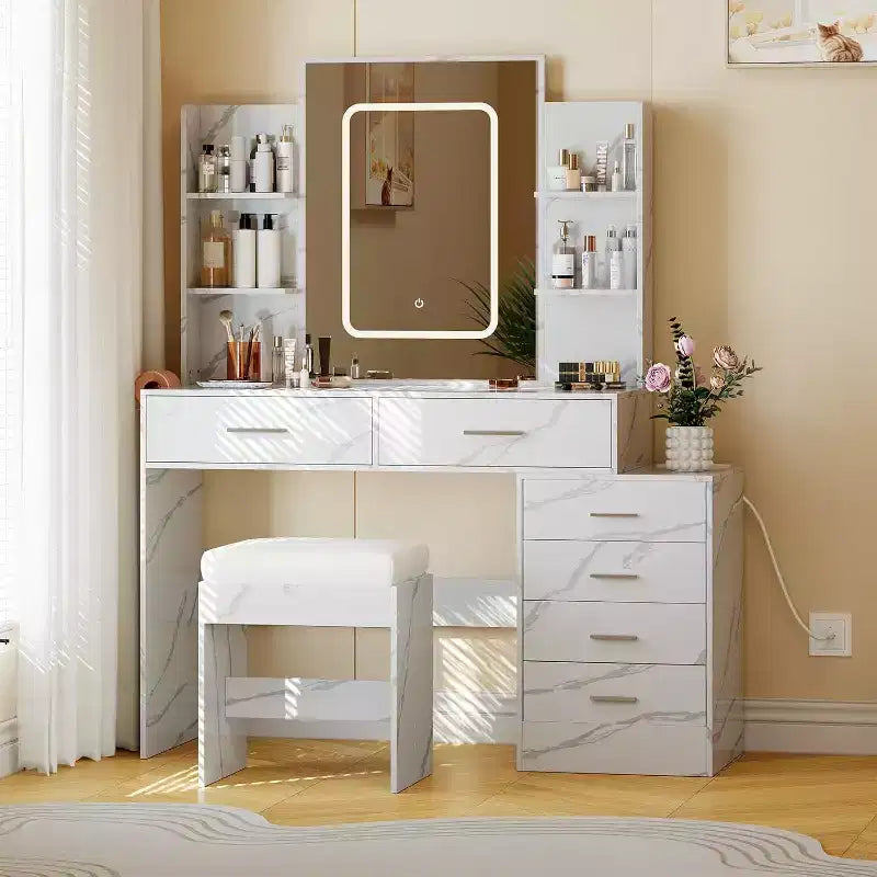 Modern Vanity Desk, Makeup Vanity Set with 6 Drawers and Shelves, Vanity with Vanity with Stool for Bedroom