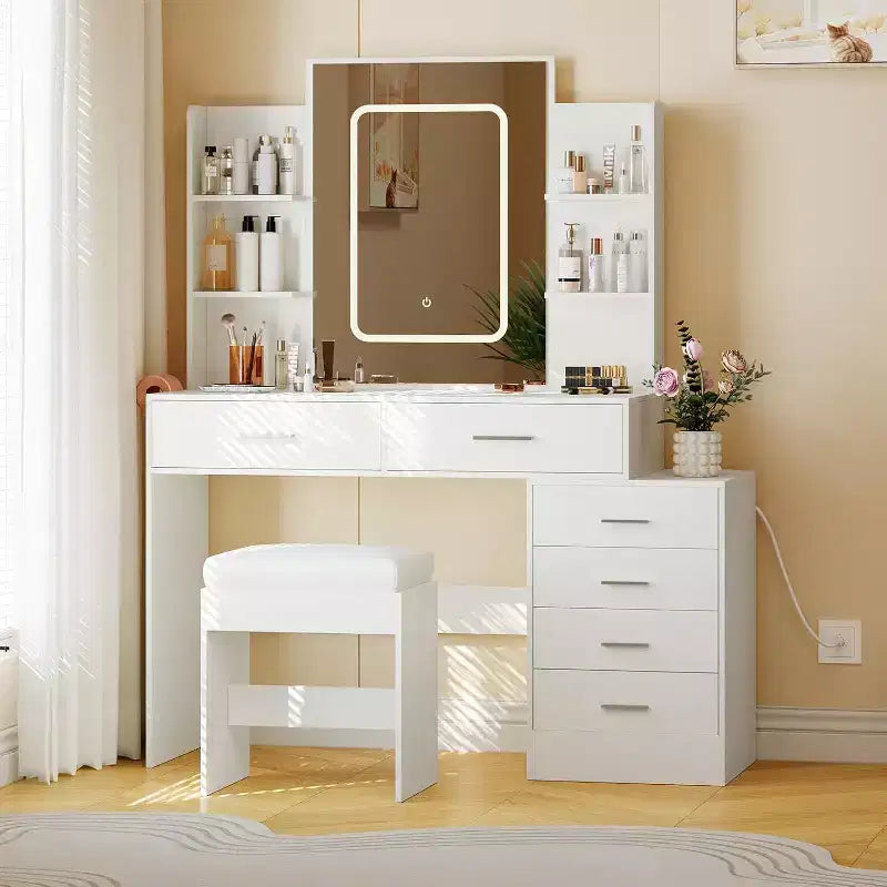 Modern Vanity Desk, Makeup Vanity Set with 6 Drawers and Shelves, Vanity with Vanity with Stool for Bedroom