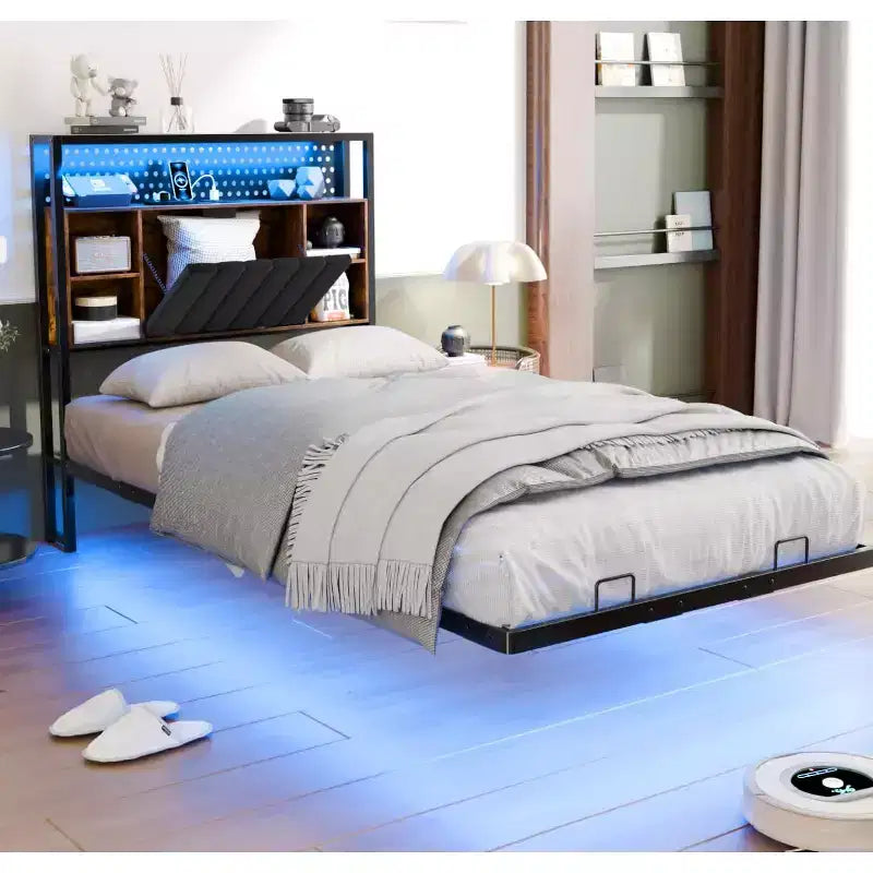 VINGLI Floating Bed Frame with LED Lights, Charging Station, Hidden Storage & Velvet Headboard. No Box Spring Needed, Easy Assembly