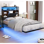 VINGLI Floating Bed Frame with LED Lights, Charging Station, Hidden Storage & Velvet Headboard. No Box Spring Needed, Easy Assembly