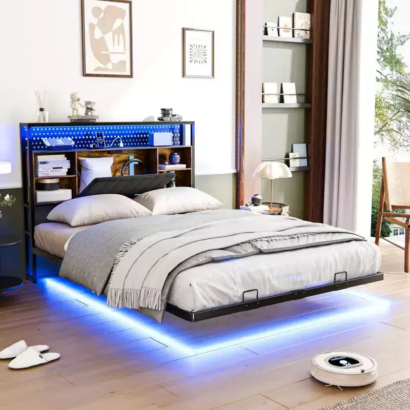 VINGLI Floating Bed Frame with LED Lights, Charging Station, Hidden Storage & Velvet Headboard. No Box Spring Needed, Easy Assembly