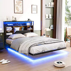 VINGLI Floating Bed Frame with LED Lights, Charging Station, Hidden Storage & Velvet Headboard. No Box Spring Needed, Easy Assembly