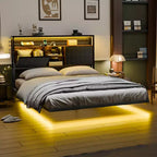 VINGLI Floating Bed Frame with LED Lights, Charging Station, Hidden Storage & Velvet Headboard. No Box Spring Needed, Easy Assembly