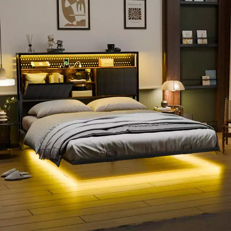 VINGLI Floating Bed Frame with LED Lights, Charging Station, Hidden Storage & Velvet Headboard. No Box Spring Needed, Easy Assembly