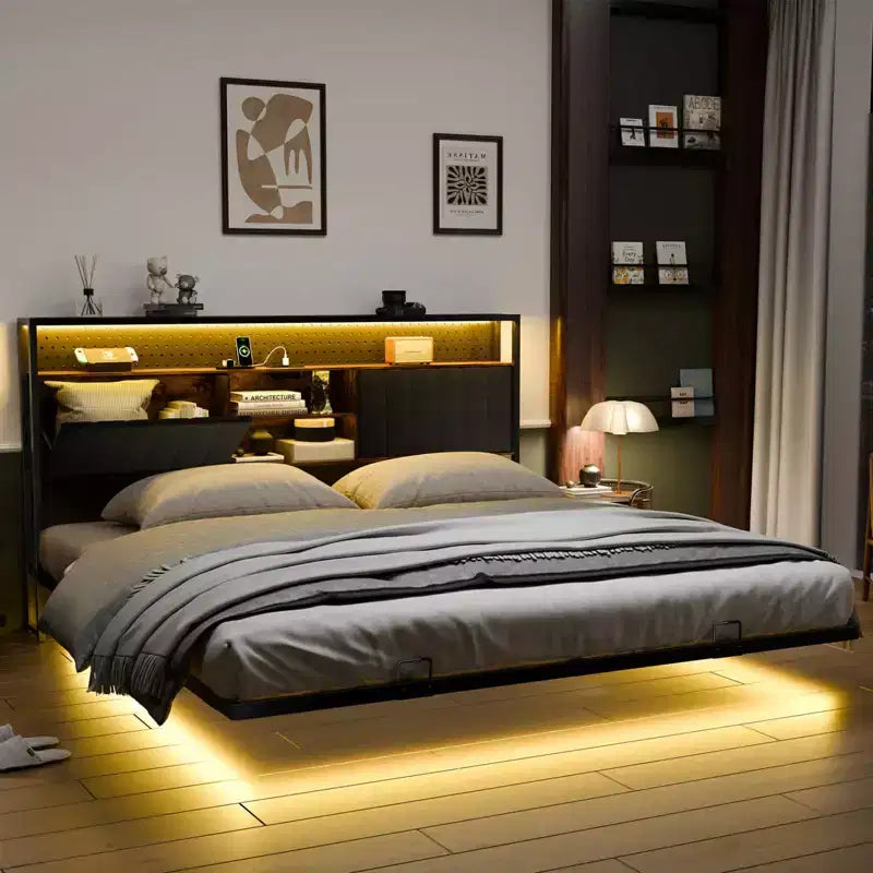 VINGLI Floating Bed Frame with LED Lights, Charging Station, Hidden Storage & Velvet Headboard. No Box Spring Needed, Easy Assembly