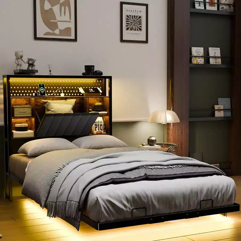 VINGLI Floating Bed Frame with LED Lights, Charging Station, Hidden Storage & Velvet Headboard. No Box Spring Needed, Easy Assembly