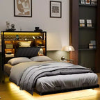 VINGLI Floating Bed Frame with LED Lights, Charging Station, Hidden Storage & Velvet Headboard. No Box Spring Needed, Easy Assembly