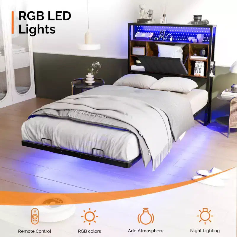 VINGLI Floating Bed Frame with LED Lights, Charging Station, Hidden Storage & Velvet Headboard. No Box Spring Needed, Easy Assembly