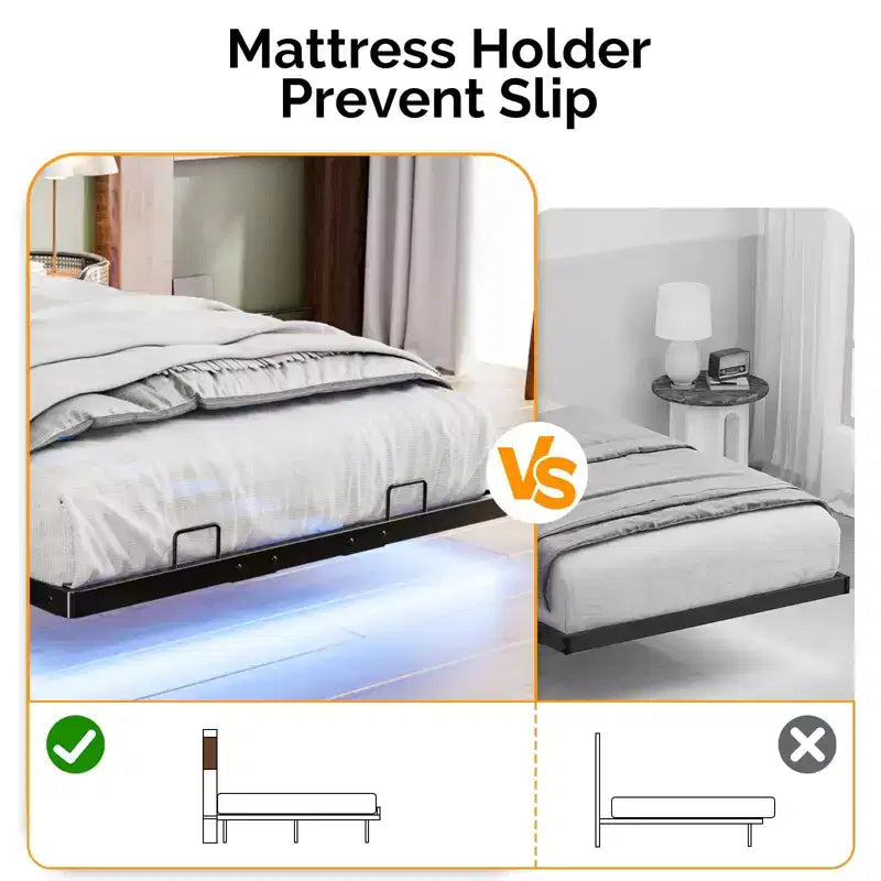VINGLI Floating Bed Frame with LED Lights, Charging Station, Hidden Storage & Velvet Headboard. No Box Spring Needed, Easy Assembly