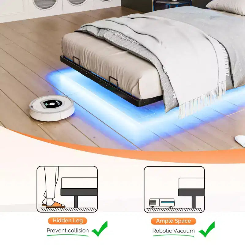 VINGLI Floating Bed Frame with LED Lights, Charging Station, Hidden Storage & Velvet Headboard. No Box Spring Needed, Easy Assembly