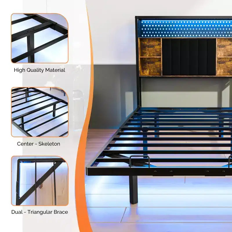VINGLI Floating Bed Frame with LED Lights, Charging Station, Hidden Storage & Velvet Headboard. No Box Spring Needed, Easy Assembly
