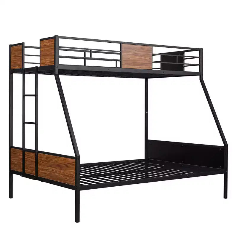 Twin over Full Metal Bunk Bed with Wood Grain, Metal Bunkbeds Frame with Safety Rail for Kids Adults, Brown