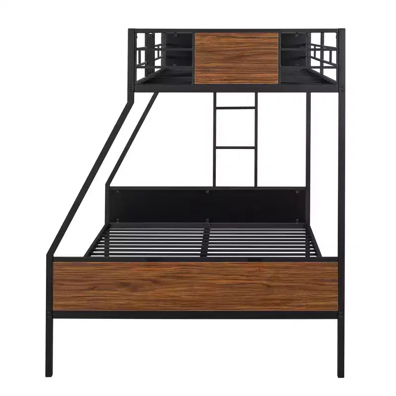 Twin over Full Metal Bunk Bed with Wood Grain, Metal Bunkbeds Frame with Safety Rail for Kids Adults, Brown