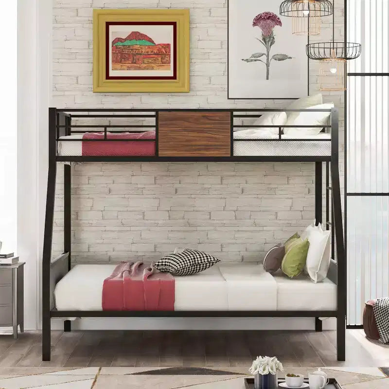 Twin over Full Metal Bunk Bed with Wood Grain, Metal Bunkbeds Frame with Safety Rail for Kids Adults, Brown