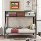 Twin over Full Metal Bunk Bed with Wood Grain, Metal Bunkbeds Frame with Safety Rail for Kids Adults, Brown