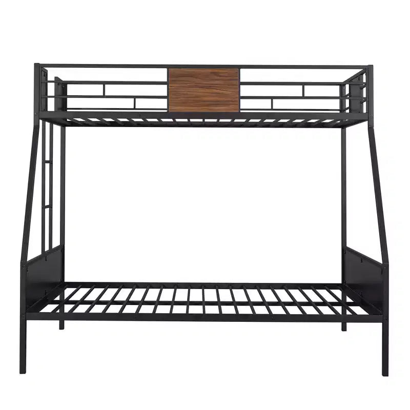 Twin over Full Metal Bunk Bed with Wood Grain, Metal Bunkbeds Frame with Safety Rail for Kids Adults, Brown
