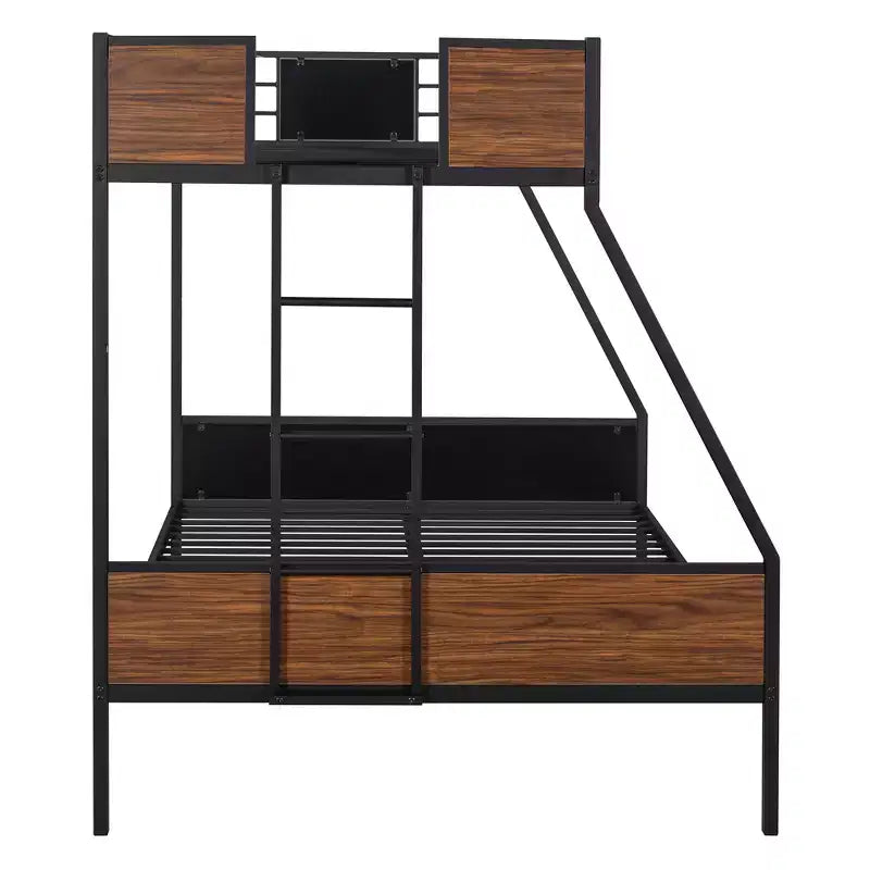 Twin over Full Metal Bunk Bed with Wood Grain, Metal Bunkbeds Frame with Safety Rail for Kids Adults, Brown