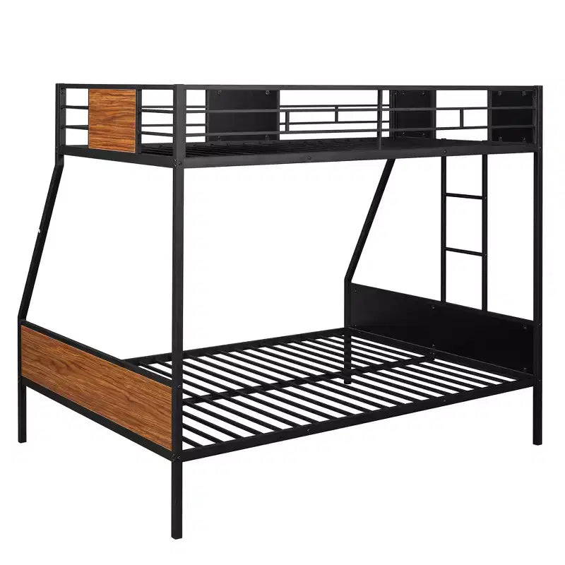Twin over Full Metal Bunk Bed with Wood Grain, Metal Bunkbeds Frame with Safety Rail for Kids Adults, Brown