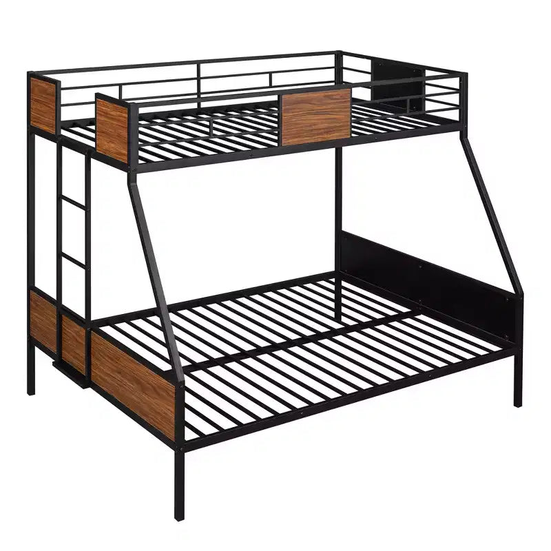 Twin over Full Metal Bunk Bed with Wood Grain, Metal Bunkbeds Frame with Safety Rail for Kids Adults, Brown
