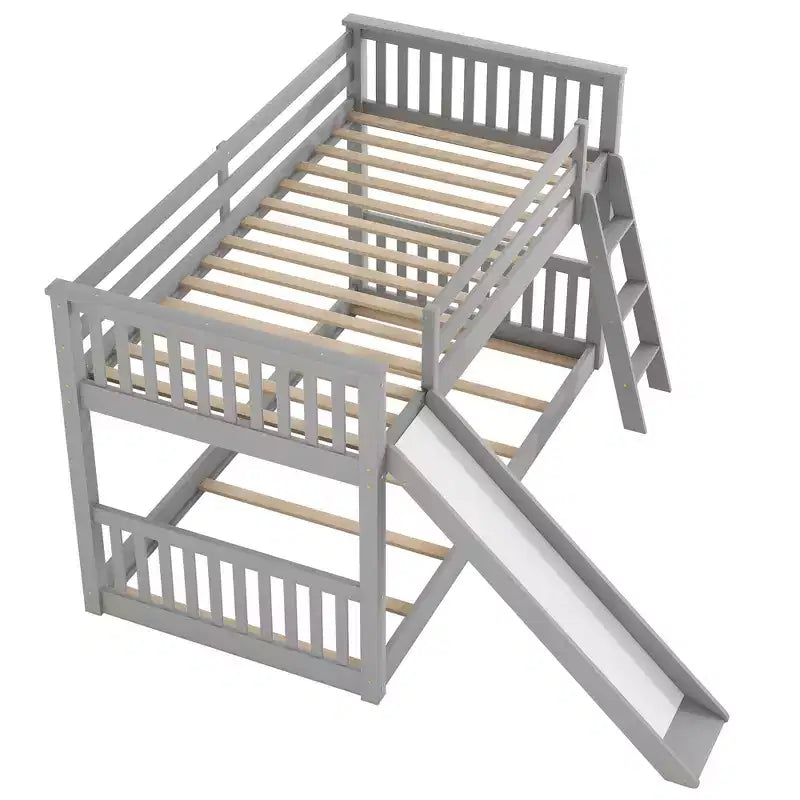 Kids Floor Bunk Beds, Twin over Twin Bunk Bed with Convertible Slide, Wooden Low Bunk Bed Frame for Toddlers Teens