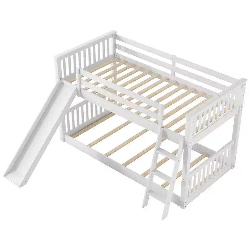 Kids Floor Bunk Beds, Twin over Twin Bunk Bed with Convertible Slide, Wooden Low Bunk Bed Frame for Toddlers Teens