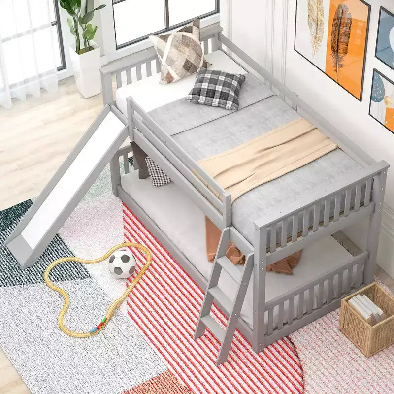 Kids Floor Bunk Beds, Twin over Twin Bunk Bed with Convertible Slide, Wooden Low Bunk Bed Frame for Toddlers Teens