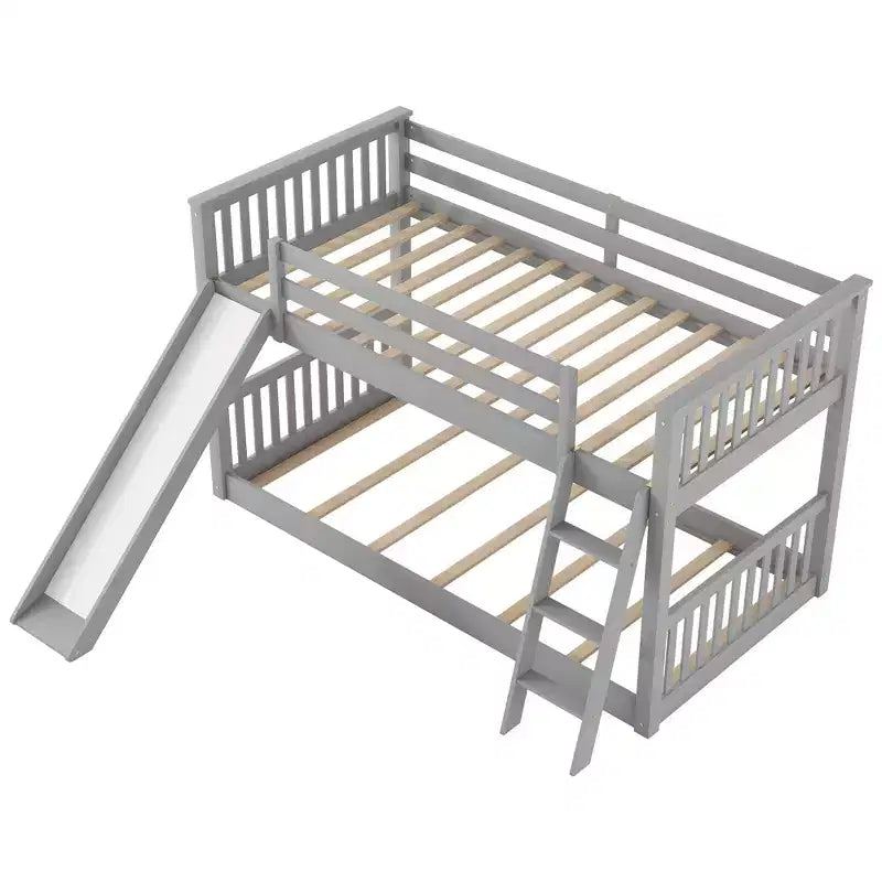 Kids Floor Bunk Beds, Twin over Twin Bunk Bed with Convertible Slide, Wooden Low Bunk Bed Frame for Toddlers Teens