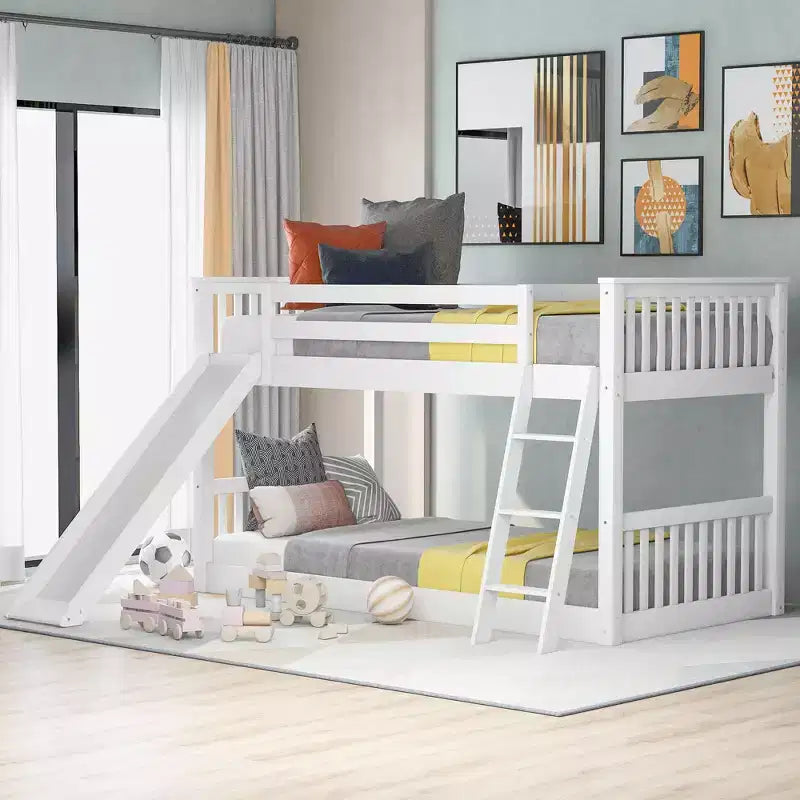 Kids Floor Bunk Beds, Twin over Twin Bunk Bed with Convertible Slide, Wooden Low Bunk Bed Frame for Toddlers Teens