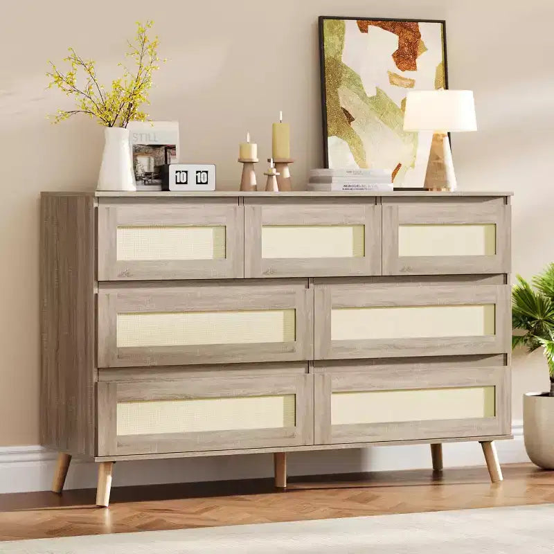 COZONY 7-Drawer Rattan Dresser, Modern Wood Storage Cabinet with Woven Fronts, Wide Chest of Drawers for Bedroom Living Room Nursery