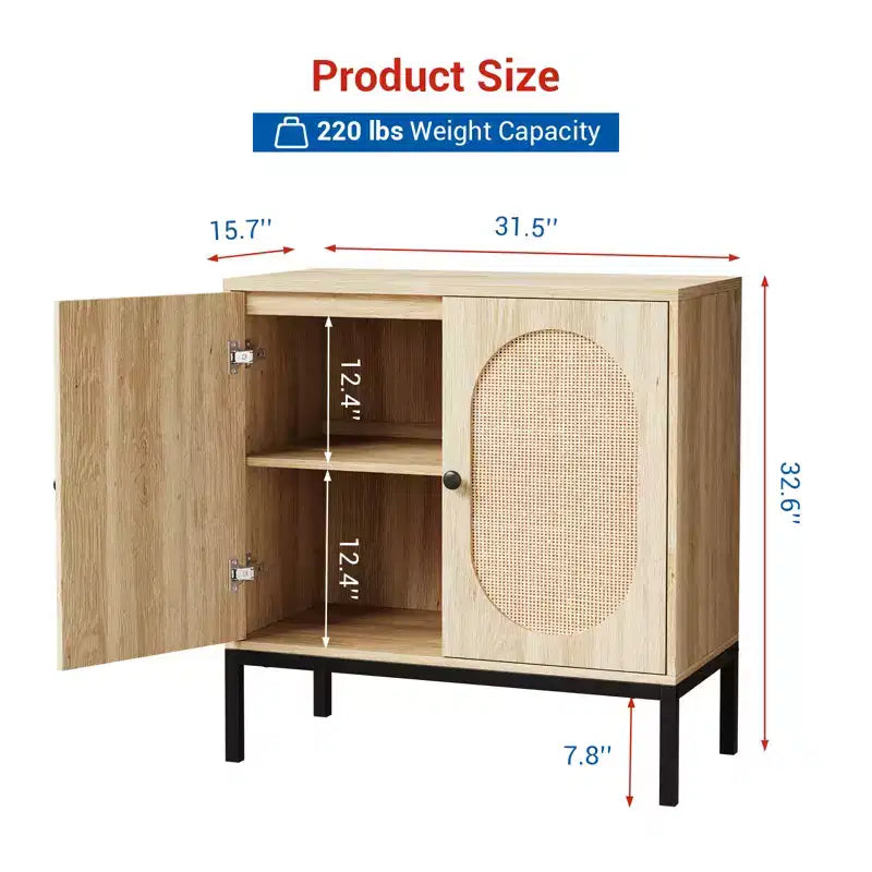 31.5 Inch Sideboard, Rattan Storage Cabinet with Adjustable Shelves, Kitchen Sideboard for Living Room Dining Room Entryway