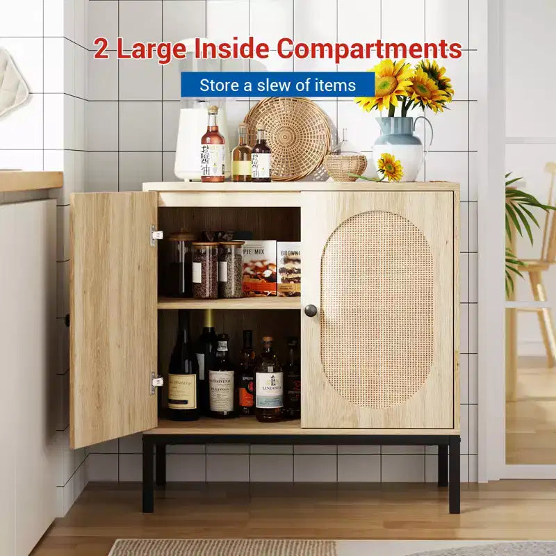 31.5 Inch Sideboard, Rattan Storage Cabinet with Adjustable Shelves, Kitchen Sideboard for Living Room Dining Room Entryway