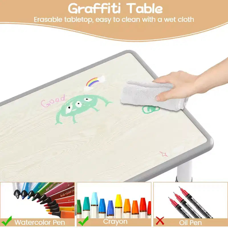 GustoWave Kids Table and Chair Sets, Height Adjustable Toddler Table and 4 Chairs Set, Easy to Wipe Drawing Tabletop, for Classrooms,Dark Grey