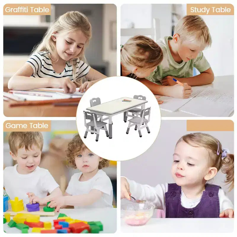 GustoWave Kids Table and Chair Sets, Height Adjustable Toddler Table and 4 Chairs Set, Easy to Wipe Drawing Tabletop, for Classrooms,Dark Grey