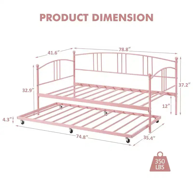 Twin Metal Daybed with Trundle,Twin Size Daybed Frame with Pullout Trundle 6 Casters,Steel Slat Support Guest Sofa Bed for Living,Bedroom,Apartment