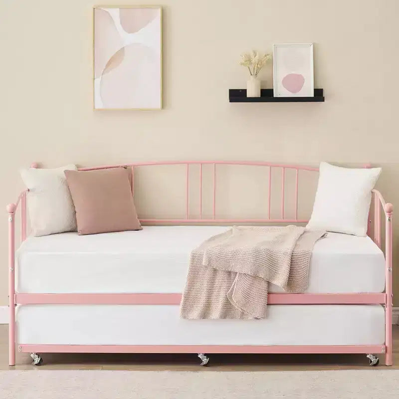 Twin Metal Daybed with Trundle,Twin Size Daybed Frame with Pullout Trundle 6 Casters,Steel Slat Support Guest Sofa Bed for Living,Bedroom,Apartment