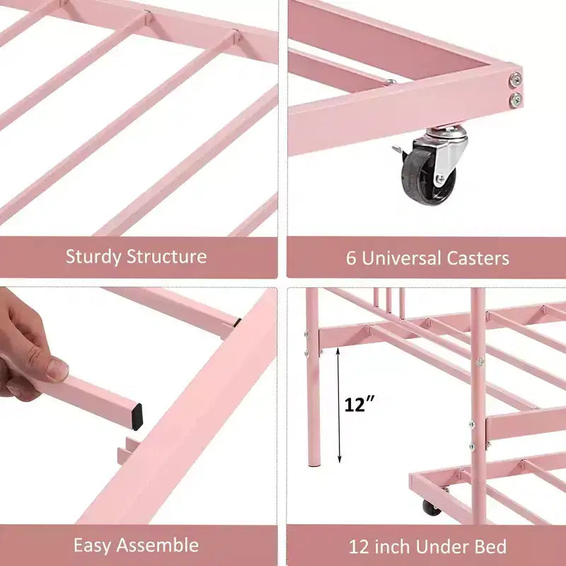 Twin Metal Daybed with Trundle,Twin Size Daybed Frame with Pullout Trundle 6 Casters,Steel Slat Support Guest Sofa Bed for Living,Bedroom,Apartment