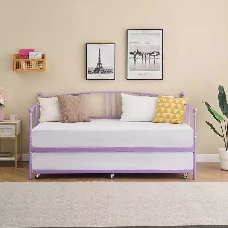 Twin Metal Daybed with Trundle,Twin Size Daybed Frame with Pullout Trundle 6 Casters,Steel Slat Support Guest Sofa Bed for Living,Bedroom,Apartment