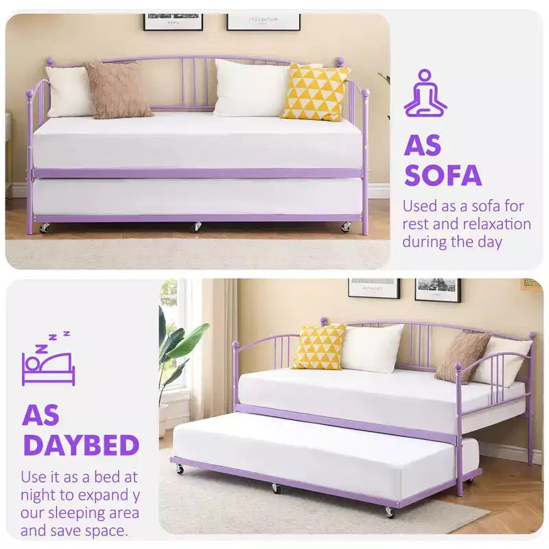 Twin Metal Daybed with Trundle,Twin Size Daybed Frame with Pullout Trundle 6 Casters,Steel Slat Support Guest Sofa Bed for Living,Bedroom,Apartment