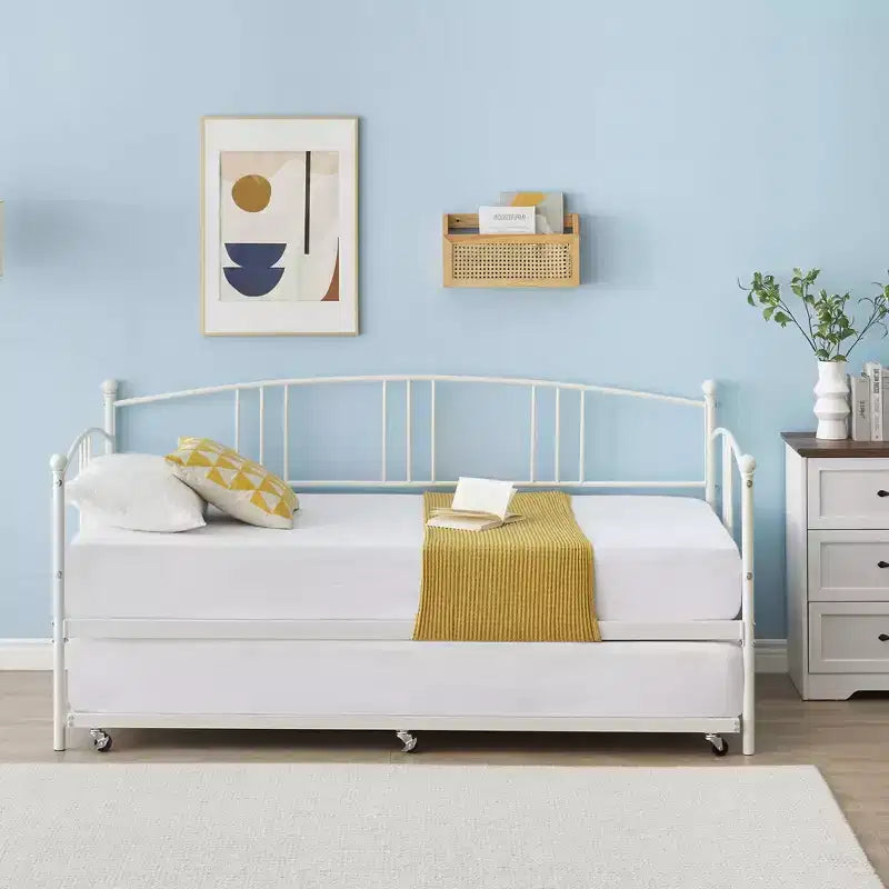 Twin Metal Daybed with Trundle,Twin Size Daybed Frame with Pullout Trundle 6 Casters,Steel Slat Support Guest Sofa Bed for Living,Bedroom,Apartment