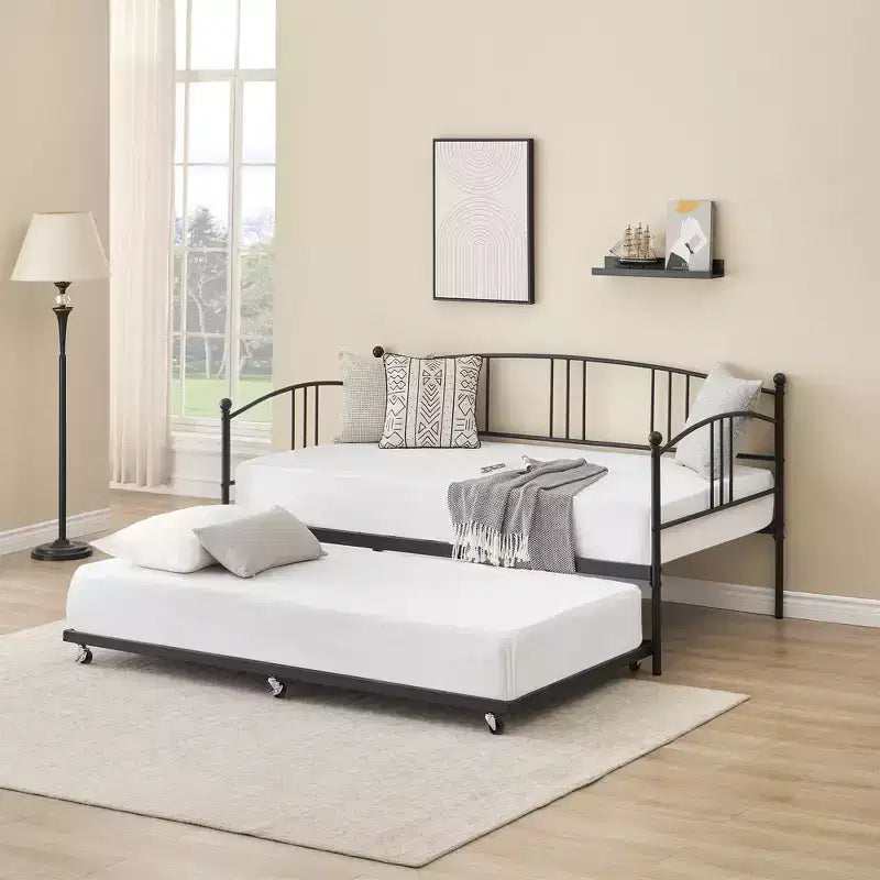 Twin Metal Daybed with Trundle,Twin Size Daybed Frame with Pullout Trundle 6 Casters,Steel Slat Support Guest Sofa Bed for Living,Bedroom,Apartment