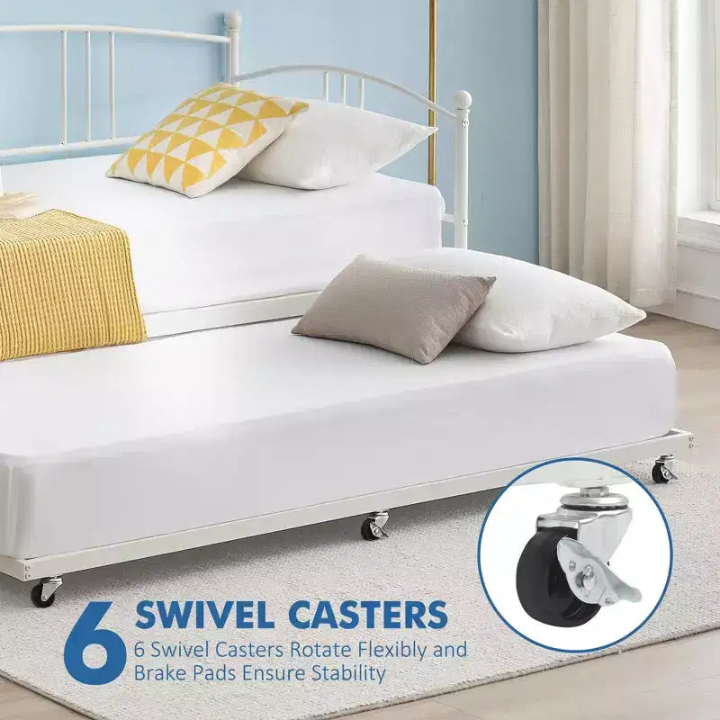 Twin Metal Daybed with Trundle,Twin Size Daybed Frame with Pullout Trundle 6 Casters,Steel Slat Support Guest Sofa Bed for Living,Bedroom,Apartment