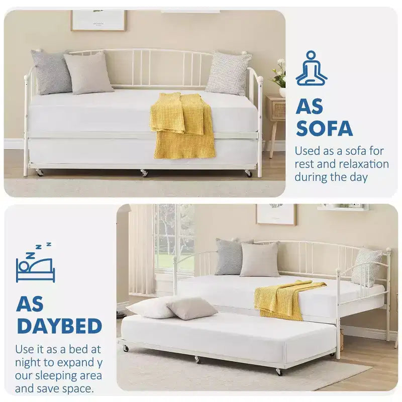 Twin Metal Daybed with Trundle,Twin Size Daybed Frame with Pullout Trundle 6 Casters,Steel Slat Support Guest Sofa Bed for Living,Bedroom,Apartment