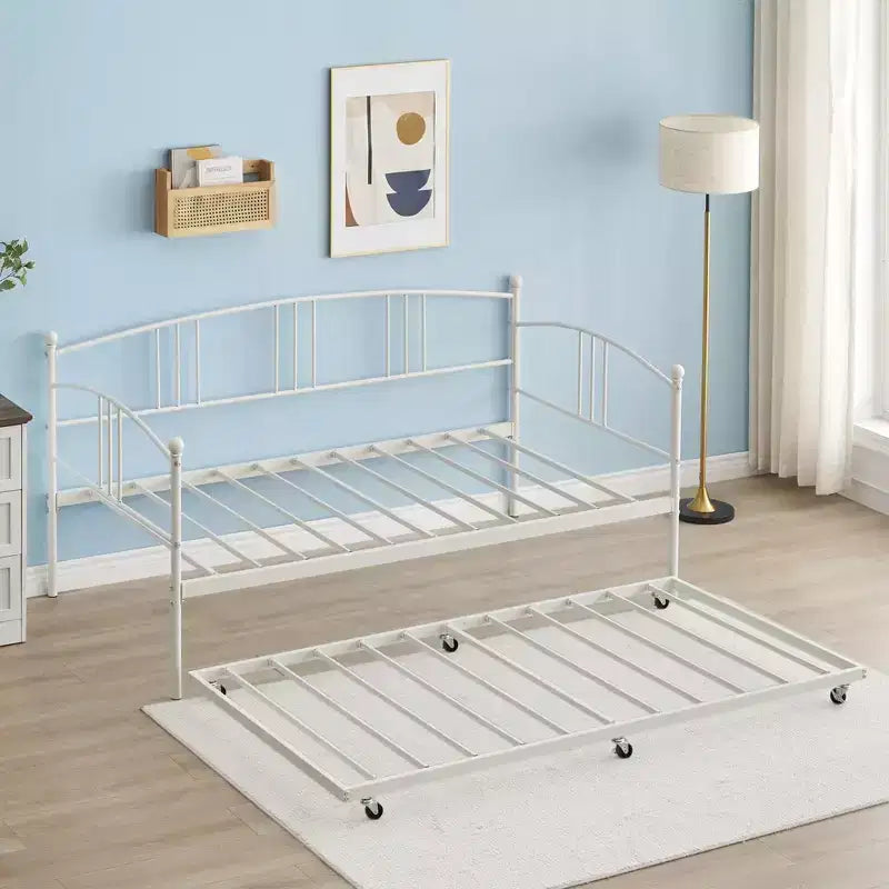 Twin Metal Daybed with Trundle,Twin Size Daybed Frame with Pullout Trundle 6 Casters,Steel Slat Support Guest Sofa Bed for Living,Bedroom,Apartment