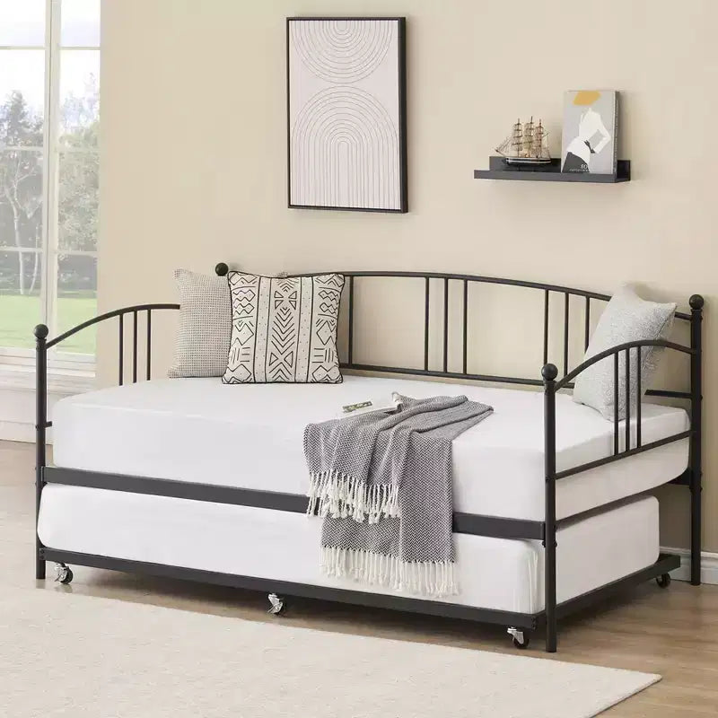 Twin Metal Daybed with Trundle,Twin Size Daybed Frame with Pullout Trundle 6 Casters,Steel Slat Support Guest Sofa Bed for Living,Bedroom,Apartment